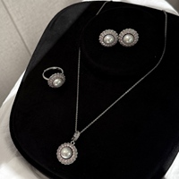 Bunga Matahari Valentine 3  Set Perhiasan, Kalung Anting Cincin, Mutiara Air Tawar Budidaya 9-10mm Bertatahkan Zirkonia Kubik