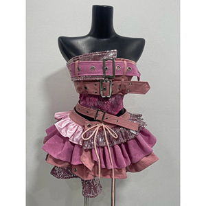 Viviblook Z403ST03 Women <b>Skirt</b> Set Summer Y2k Punk Retro New Strapless Top Lace <b>Patchwork</b> High Waist <b>Skirt</b> Two Piece Set - Product Image 4