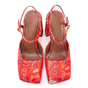Sandales à talons hauts épais pour femme, grande taille 45, à bout carré, motif floral, en soie, pour soirée, coupe large, avec boucle de cheville - Product Image 5