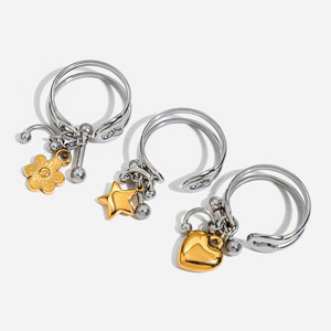 แหวนสแตนเลสสตีลพร้อมจี้รูปดาวสีทอง ดีไซน์เรขาคณิต ของขวัญเครื่องประดับสำหรับทุกเพศ - Product Image 1