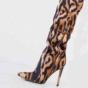 Cheetah Print High Top Large Size 43 Suede Women Over Knee High <b>Boots</b> Side Zip Stiletto Lady Pointed Toe Thigh High Long Booties - Product Image 6