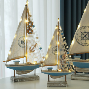 Mediterranean Sailboat Decorative Wooden Model With <b>Lights</b> Desktop Ornament For Living Room - Product Image 1