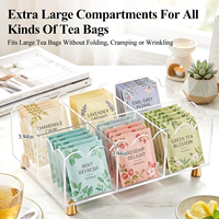 Organisateur de sachets de thé en acrylique transparent personnalisé, 6 compartiments, support de rangement pour thé avec pieds en métal doré pour comptoir de cuisine, armoire de garde-manger