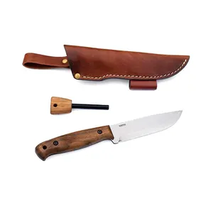 Customized Steel wood handle cool camping Straight knives Fixed Blade hunting knife With custom leather sheath for survival
