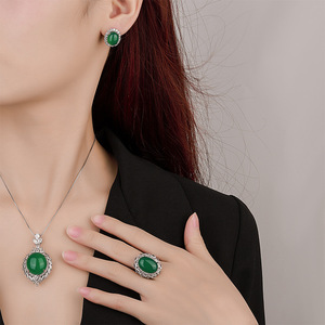 2026 new High Quality jewelry simulation green chalcedony plain light luxury set pendant 18*20 ring 13*18 - Product Image 4