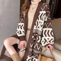 Nouveau Cardigan en Tricot Spandex à Col V Élégant avec Manches Lanterne et Dentelle, Longueur Genou, Coupe Ample Amincissante pour Femme