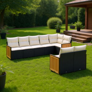 Ensemble de canapés de jardin modernes noir et crème en rotin PE, 6 places, mobilier d'extérieur, structure en teck, pieds réglables, design élégant - Product Image 2