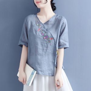Women's Cotton Linen Blouse Blue Embroidered Floral Wrap Top Short Sleeve Everyday Wear - Product Image 1