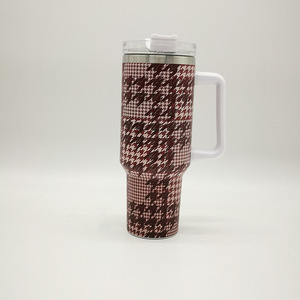 Nouvelle Tasse de Voyage Isotherme en Acier Inoxydable à Motif à Carreaux, Grande Capacité 40 oz, avec Poignée et Paille, Motif Floral - Product Image 3