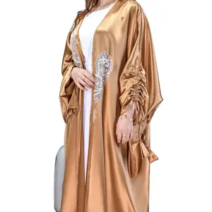 Moda zarif sadelik orta doğu türk düz renk gevşek saten lüks müslüman uzun elbise