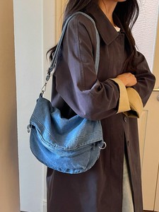 Shallow Indigo Vintage Ribbon Tote <b>Bag</b> for Female <b>College</b> Students-Retro Literary Style Crossbody ZIP Closure Portable Design - Product Image 1