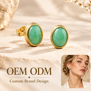 Boucles d'oreilles clous ovales en laiton plaqué or avec aventurine verte, personnalisables OEM/ODM, vente en gros, bijoux vintage pour femmes - Product Image 1