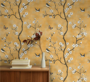 Carta da Parati Dorata di Lusso con Stampa Personalizzata Chinoiserie a Motivo Botanico e Animale, Design Murale Decorativo per Casa, Hotel e Soggiorno - Product Image 5