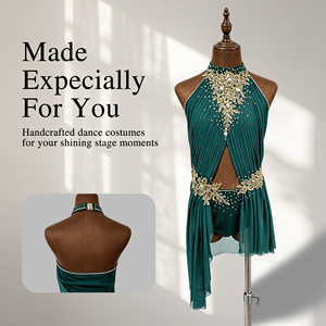 Costume de danse lyrique de luxe fait main, vert foncé, robe de ballet contemporaine en Spandex/Polyester, ornée de strass floraux pour la scène - Product Image 1