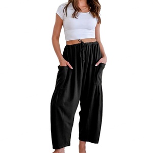Pantalones Anchos Casuales de Otoño e Invierno para Mujer, Personalizados OEM, Cómodos, Holgados, con Cintura Elástica, Color Sólido, con Bolsillos, Básicos - Product Image 2