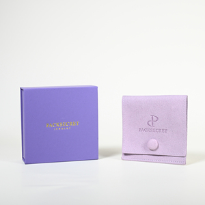 PackSecret Your Own Logo Luxury Custom Purple Flip <b>Magnetic</b> Necklace Jewelry Gift Boxes With <b>Button</b> Jewelry Pouches Set - Product Image 2