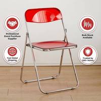 Chaise pliante transparente moderne en acrylique rouge clair avec structure en métal chromé pour événements, mariages, fêtes et banquets – Vente en gros