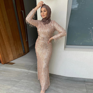 open lace back dress High Neck Long Sleeve Muslim Long PromDress Full Sleeve Sequined Ball –  SELINADRESS
