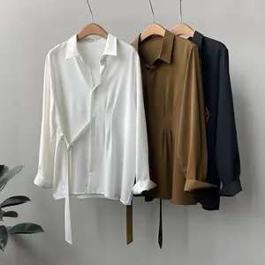Casual Elegant Tops White Loose Blouse Women Autumn Clothes Office Lady Long Sleeve Pocket Formal Shirt 80621#