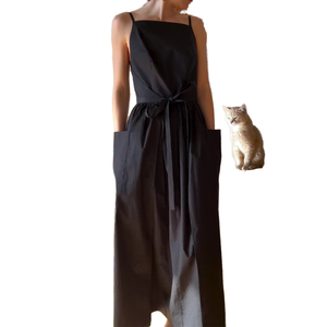 Black Square Neck Sleeveless Maxi <b>Dress</b> With Pockets Drawstring Waist Loose Fit Casual Solid Woven Cotton <b>Dress</b> For Women - Product Image 1