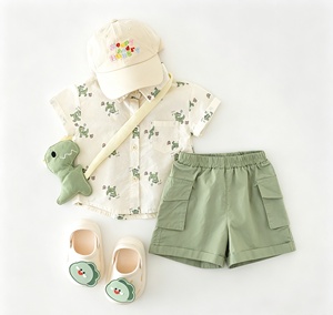 Ensemble deux pièces décontracté été 2026 pour garçons, en softshell à manches courtes, motif dessin animé - Ensemble <span class=keywords><strong>mini</strong></span>-dinosaures entièrement imprimé pour bébés et tout-petits - Product Image 1