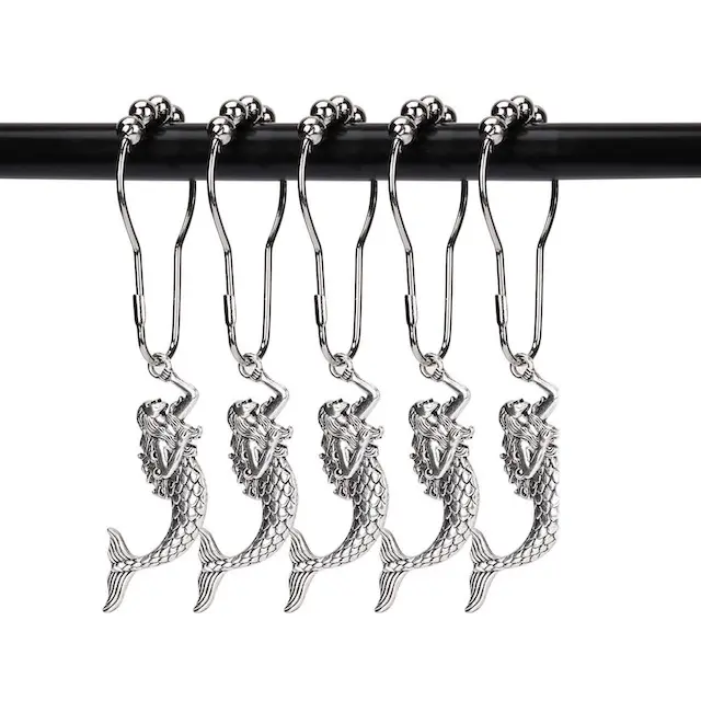Mermaid Curtain Hooks Set of 12 Silver Curtain Hangers Decorative Hooks for Bathroom Shower Rods Shower Curtain Hooks Rings