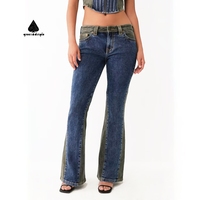 Jeans évasés à taille haute pour femmes, bleu foncé, avec empiècements contrastés sur les côtés, lavage vintage, denim élastique, style rétro décontracté