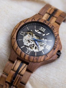 42mm <b>Black</b> Round Hollow Dial Wooden Sports <b>Watch</b> Stainless Steel Band Ceramic Strap Glass Window Movement for Business Diving - Product Image 5