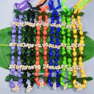 2024 Graduation Leis Artificial Acrylic Hawaiian Kukui Nut Lei w Cowrie Sea Shell Beads Necklace for Women Men Gifts