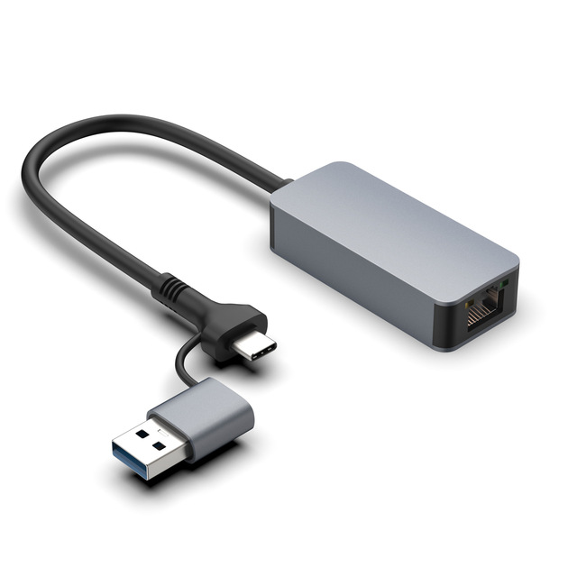 USB-C / USB 3.0 to Ethernet Adapter 2-in-1 Ethernet to USB-A & Type-C Device 2500/1000/100Mbps RJ45 Network for Laptop
