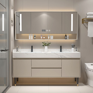 Sleek Warm-Tone Bathroom <b>Cabinet</b> Smart Mirror <b>Cabinet</b> with White Marble Top Washbasin Floor-<b>Mounted</b> <b>Cabinet</b> Body - Product Image 6