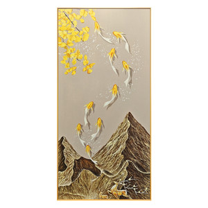 Hand Painted Oil Painting Nine Fish Wealth Mountain Scene 3D Effect Contemporary <b>Art</b> Wall Hanging for Hallway Entryway Decor - Product Image 5