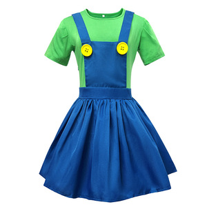 Combinaison-jupe en coton pour femme Mario, tenue de cosplay adulte, rouge et vert, faux deux pièces, avec barbe et chapeau - Product Image 5