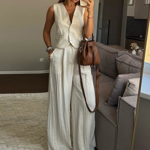 เสื้อกล้ามกางเกงเอวสูงขากว้างแฟชั่นชุด2ชิ้นลำลองของผู้หญิงเรียบง่าย - Product Image 3