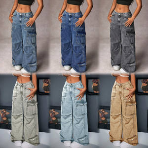 <span class=keywords><strong>Jeans</strong></span> <span class=keywords><strong>Cargo</strong></span> da <span class=keywords><strong>donna</strong></span> di alta qualità alti e lunghi con cuciture larghe stile Casual con Logo in vita a buon mercato prezzo all'ingrosso della fabbrica di Denim - Product Image 4