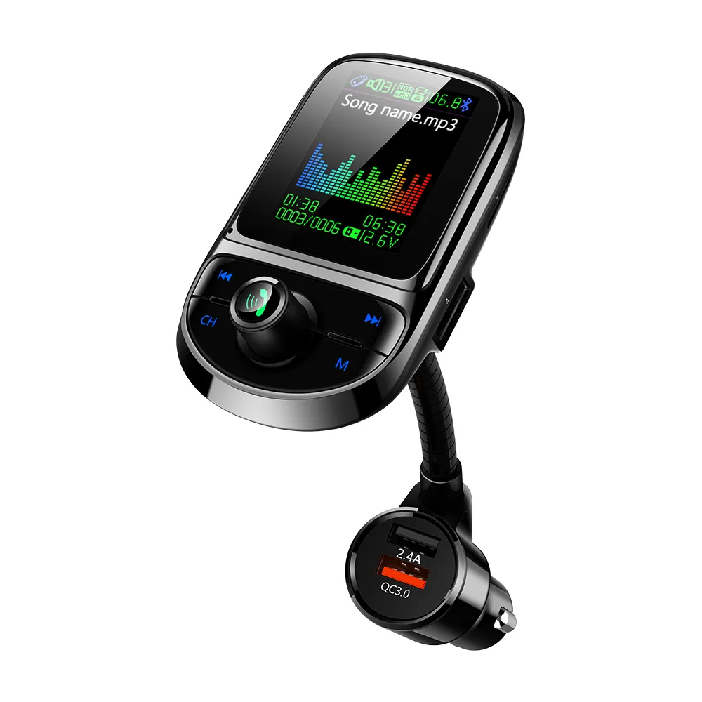 Car MP3 Player Bluetooth 5.0 FM Transmitter 1.8 inch Color Screen Hands-Free Calling QC3.0 USB Charger Battery Voltage Display