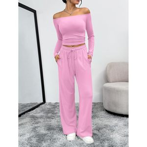 Ensemble 2 pièces pour femmes, pantalon large à épaules dénudées, haut court à manches longues, vêtements de nuit décontractés, tissu tricoté doux - Product Image 6