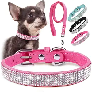 Custom Luxury Rhinestone Dog Collar Cute Dazzling Sparkling Bling Soft Leather New Design Adjustable Crystal Diamond Pet C