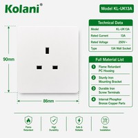 Enchufe de Pared Kolani Estándar Británico de Una Vía 13A 250V, 90x86mm Blanco Brillante PC Puro Enchufe de Corriente de Pared de 3 Pines para Reino Unido