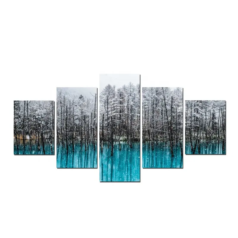 מופשט נוף חורף עץ יצירות אמנות תמונת בד הדפסת 5 לוחות קיר ציור