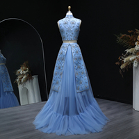 Jancember LSZ597 Ensemble classique bleu 2 pièces Cristal Volants Soirée Bal Vestido De Noite