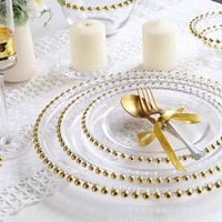 Assiettes de présentation rondes en verre transparent avec bordure perlée dorée, style européen, pour mariages, anniversaires, décorations de fête, emballage personnalisé, MOQ 100 pièces