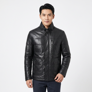Veste matelassée en cuir véritable noir pour homme, col montant, fermeture à boutons et zip, en cuir de vachette, classique, chaude pour l'hiver - Product Image 1