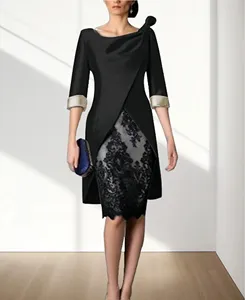 <span class=keywords><strong>Vestido</strong></span> de <span class=keywords><strong>Dos</strong></span> <span class=keywords><strong>Piezas</strong></span> para Madre de la Novia Mumuleo, <span class=keywords><strong>Vestido</strong></span> de <span class=keywords><strong>Invitada</strong></span> de Boda, Largo hasta la Rodilla, Satén con Encaje, Chaqueta de Manga 3/4, Vestidos con Bloques de Color - Product Image 1