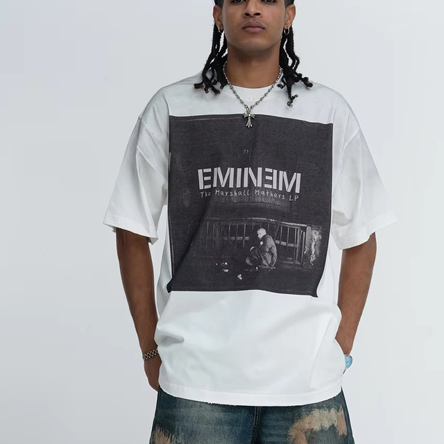 Premium Oversized Retro Monochrome Music Album Inspired Print Streetwear Heavyweight Cotton Washed Loose Fit T Shirt for Men