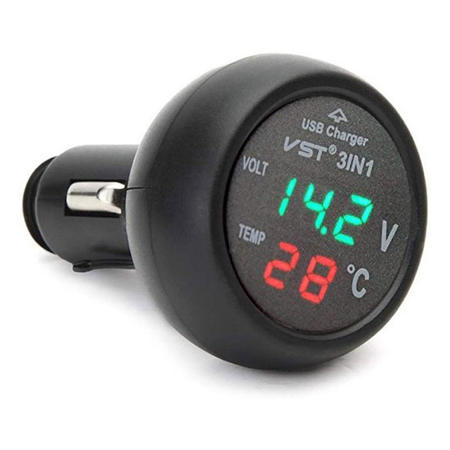 12V/24V Digital Meter Monitor 3 in 1 LED USB Car Charger Voltmeter Thermometer Car Battery Monitor LCD Digital Dual Display