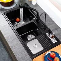 Évier de cuisine double cuve fait main avec support à couteaux à deux trous, multifonctionnel, style européen moderne, noir, à encastrer, surface mate, en quartz