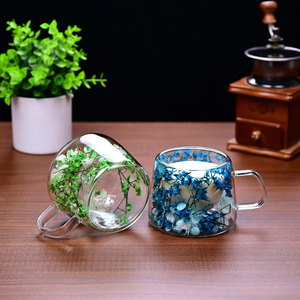 Double Layered Dried Flower <strong>Glass</strong> <strong>Cup</strong> GCD013 High Borosilicate <strong>Glass</strong> with Handle Household Coffee <strong>Cup</strong> - Product Image 3