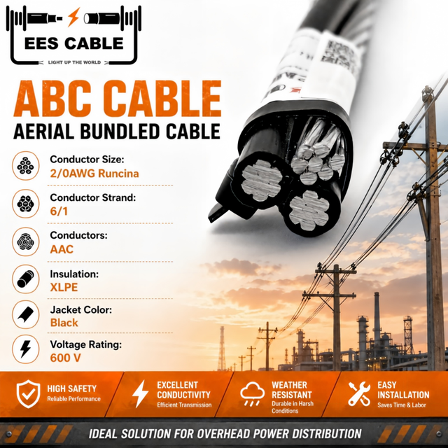 Runcina Aluminum Triplex Overhead Service Drop Cable Stranded, 2/0 AWG 3 Conductors, Aluminum, Black, 600 Volts  ASTM B230