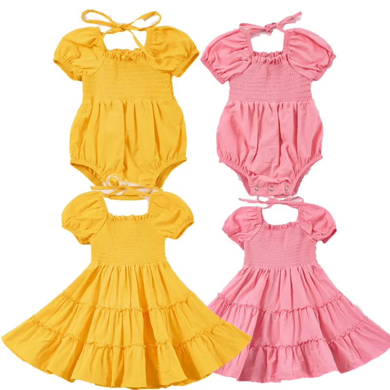 Fuyu Custom children fashion 100% Cotton Breathable Short sleeves hand Smocked romper & dress custom design Ruffle girls dresses